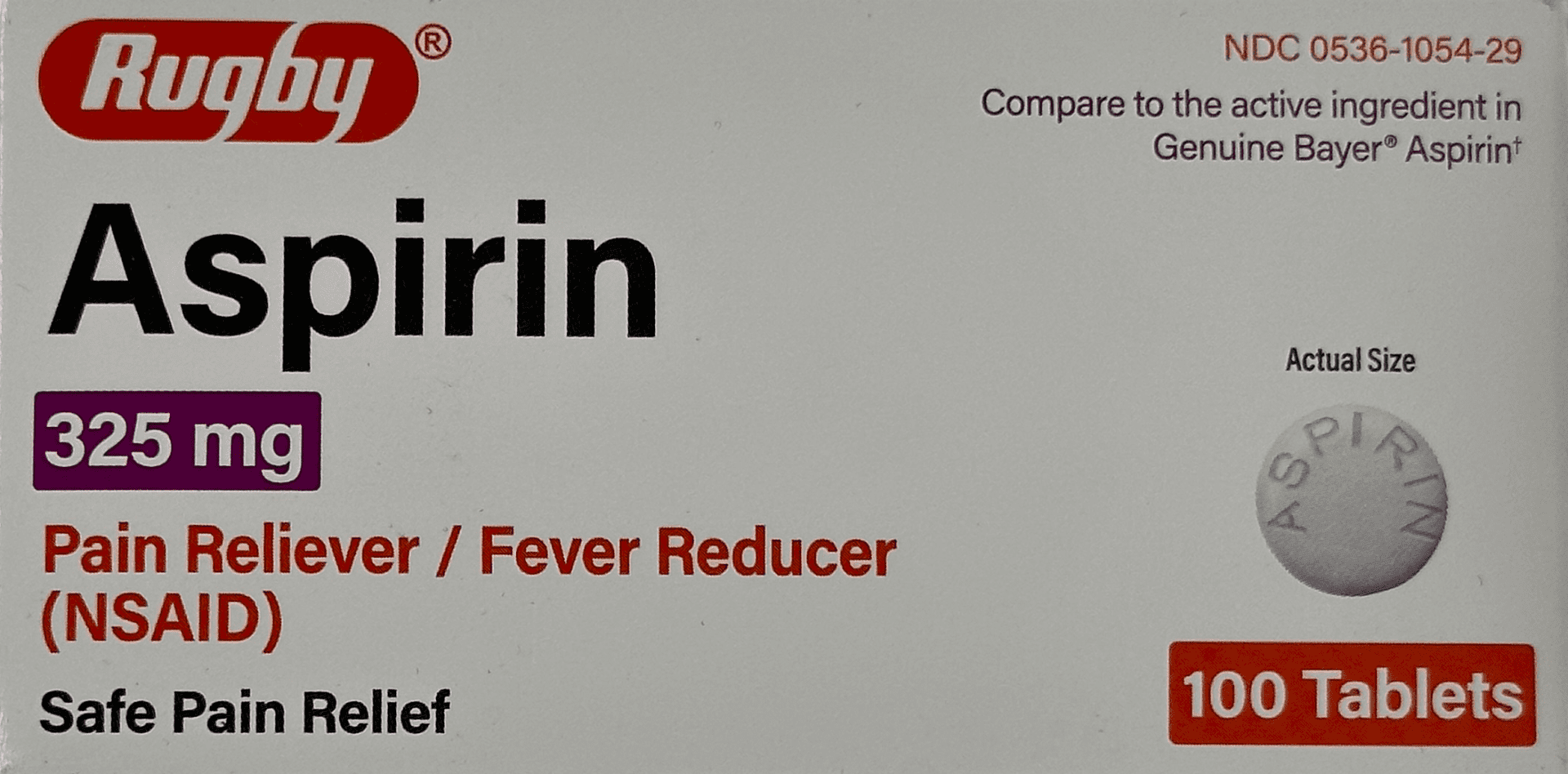 Rugby Aspirin Pain Reliever 325 mg - 100 Tablets
